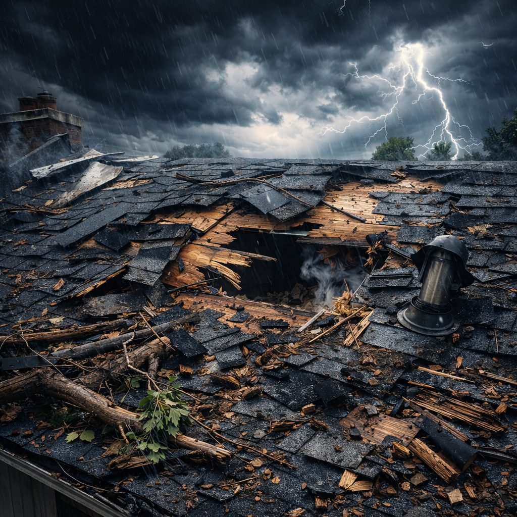 Residential roof with missing and damaged shingles and tree branches scattered on it