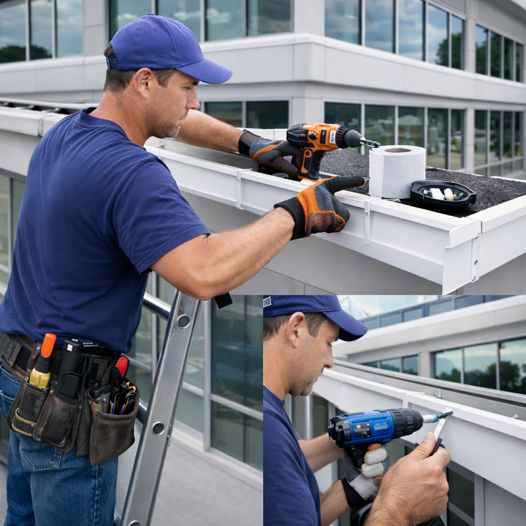 Worker cleaning leaves from a gutter and fixing it with tools