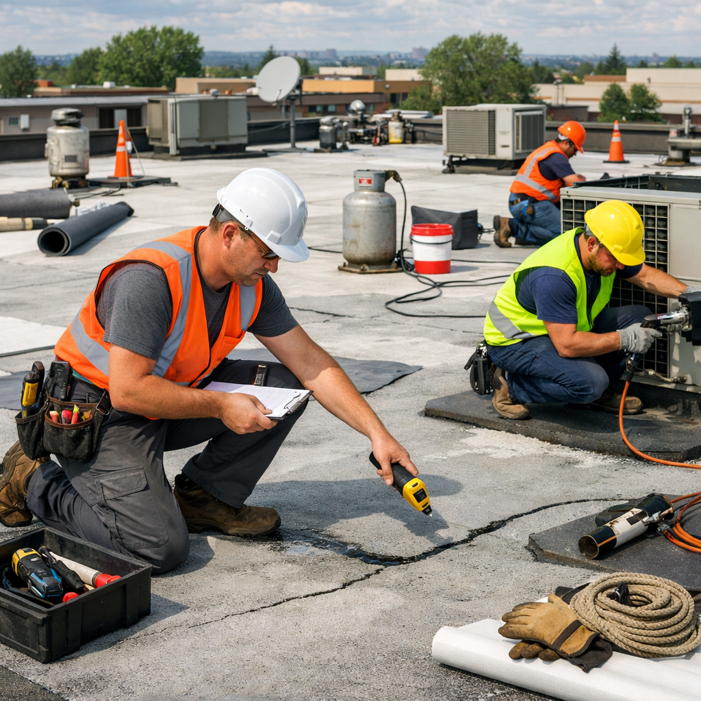 Two workers repairing rooftop equipment and inspecting roof cracks